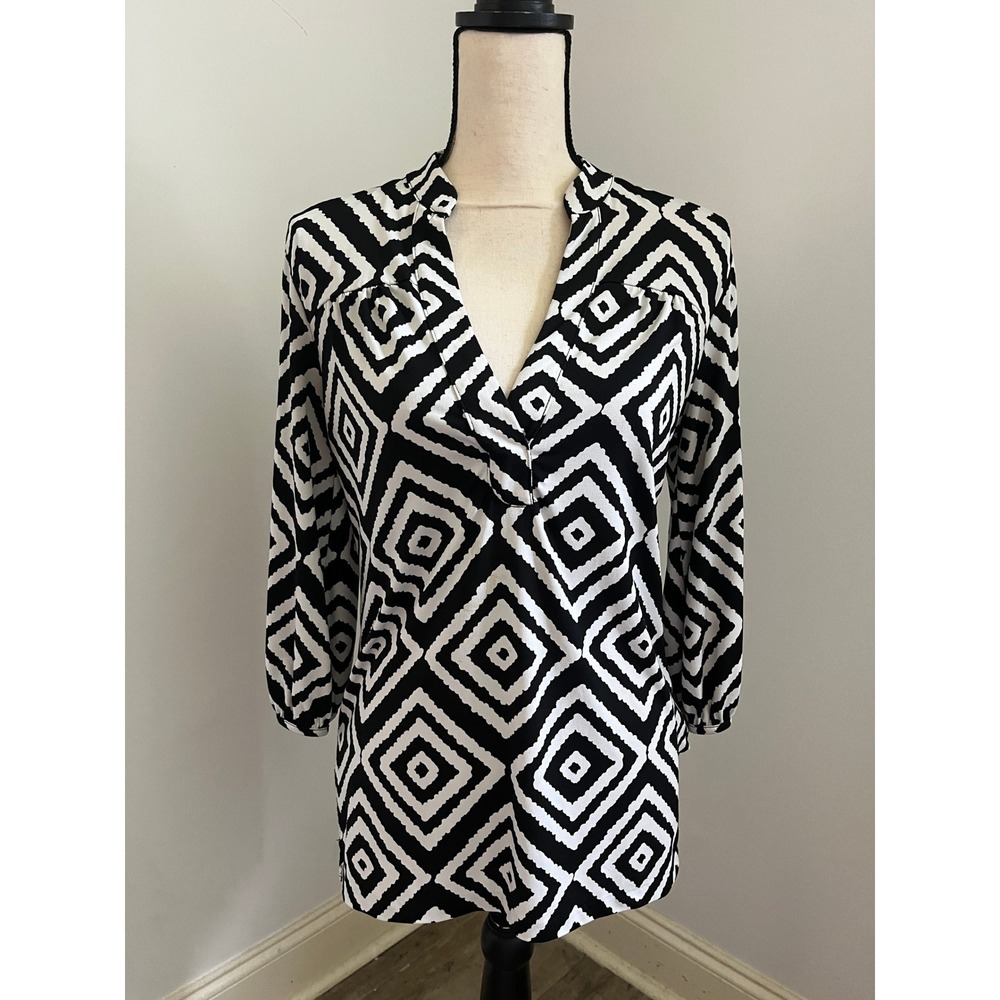 Banana Republic Geometric Blouse Small Black White 3/4 Sleeve Retro Artsy Office